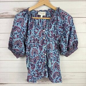 Cleobella Blue Burgundy Paisley Tassel Boho Peasant Blouse XS Womens
